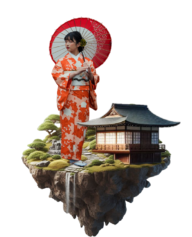 דמות של אישה יפנית הלבושה בתלובשת מסורתית מחזיקה מטריה ועומדת על אי המעוצב בסגנון יפני