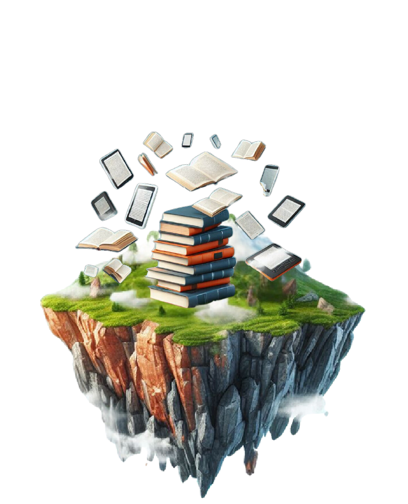 ערימת ספרים מתעופפים מעל אי ירוק המוקף עננים ועשוי סלעים