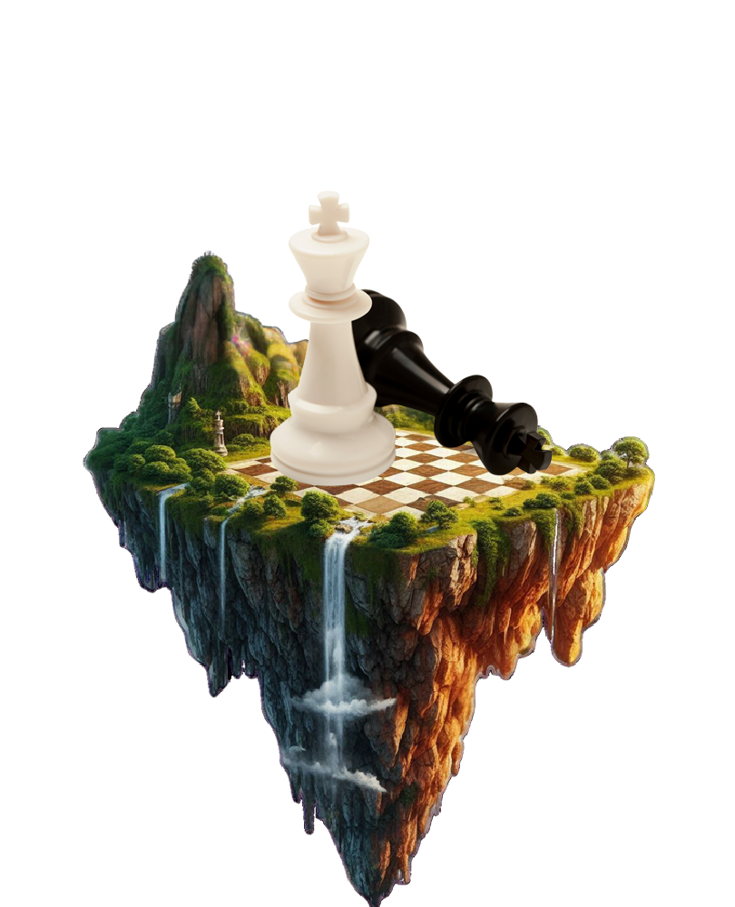 שני חיילי שח מט בצבע שחור ולבן עומדים על אי העשוי סלעים וצמחייה. מתוך האי זורמים מים