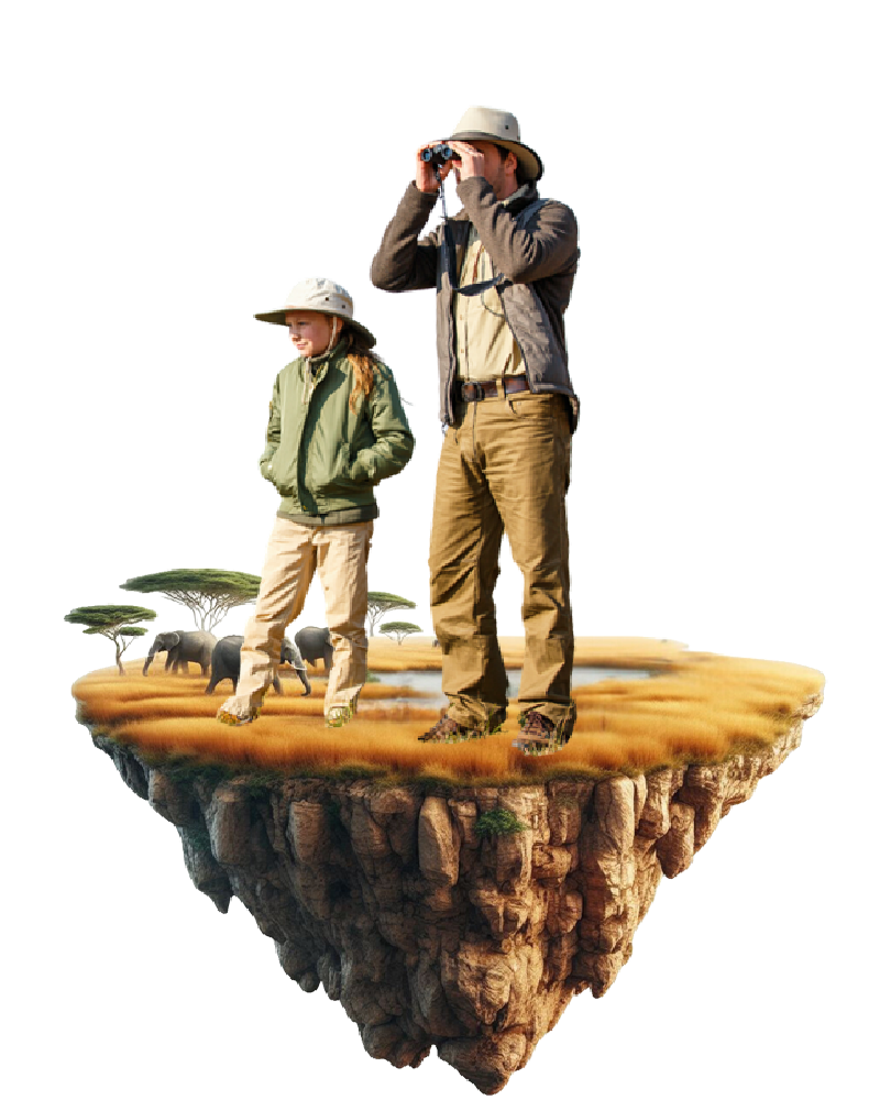 שני אנשים עומדים ומתצפתים בעזרת משקפת אל האופק. עומדים על אי הנראה כמו ג'ונגל, מאחוריהם יש פילים