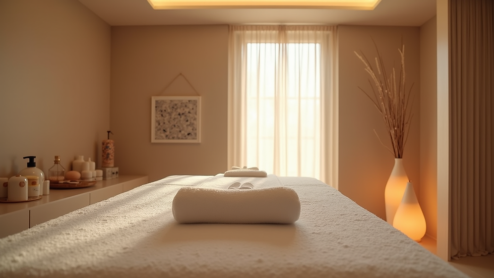 Eye-level view of massage room with calming decor and massage table