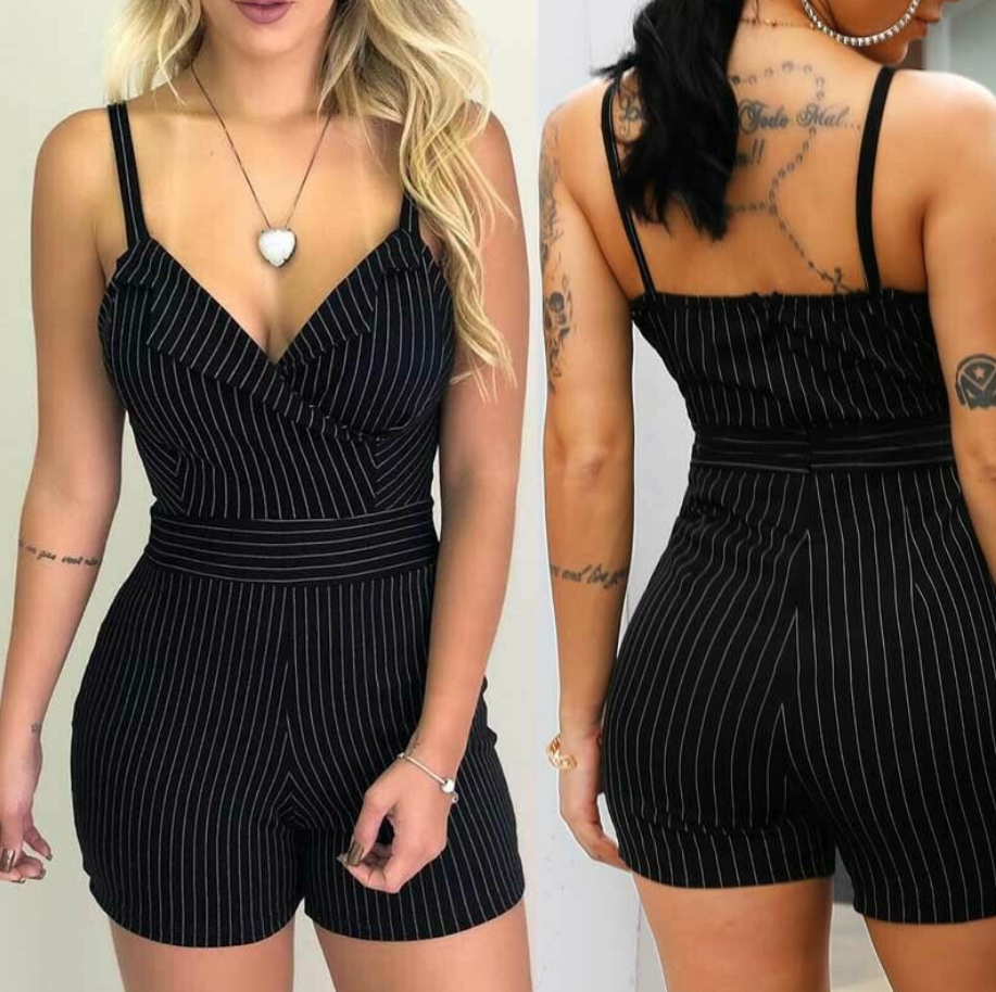 Miniatura: Striped V-Neck Slim Fit Romper Shorts