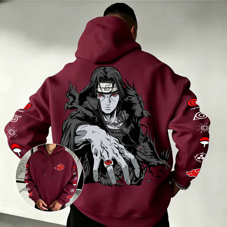 Back of a burgundy Itachi Uchiha crow hoodie anime fashion.