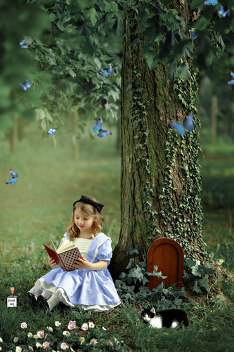photographie enfant Alice au pays des merveilles en train de lire un livre