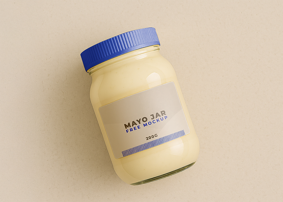Mockup of mayonnaise jar with label, seen from above lying on a flat base
