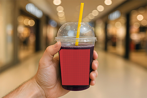 Mockup de copo de suco de uva na mão de um homem