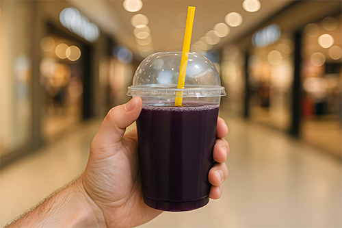 Mockup de copo de suco de uva na mão de um homem