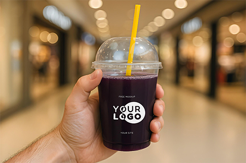 Mockup de copo de suco de uva na mão de um homem