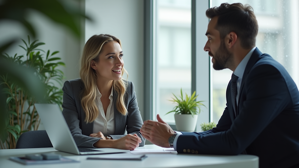 Close-up view of a business leader discussing hiring strategy with a recruitment consultant