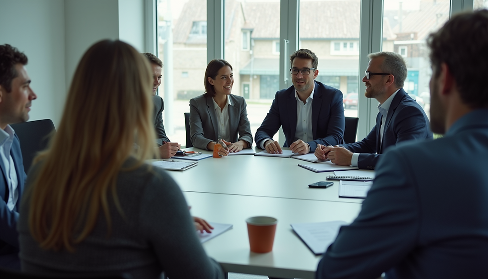Diverse team enjoying a collaborative meeting in a bright conference room, fostering a positive and productive atmosphere.