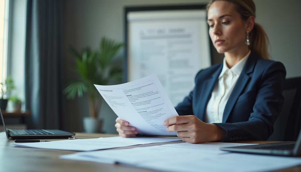 Eye-level view of a recruiter reviewing candidate resumes in an office