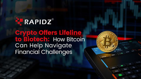 Banner featuring Bitcoin as a lifeline for biotech firms with a glowing Bitcoin coin, trading screen, and NASDAQ chart backdrop.
