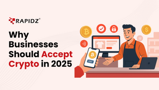 Business owner accepting cryptocurrency payment in a modern online store; digital coins and payment icons.