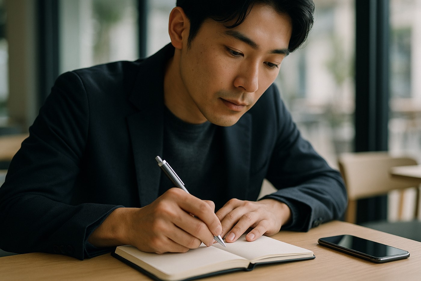 ノートに手書きでメモを書く男性の手元
