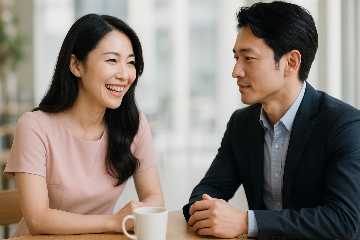 カフェで向かい合って会話を楽しむ男女