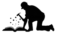 Silhouette of a construction worker kneeling while using a hammer on an open book, with stars emerging from the pages, symbolizing building knowledge and creativity.