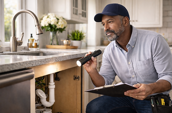 Home inspector examining plumbing under a sink using a flashlight