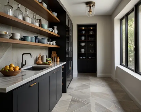 Butler’s pantry with custom cabinetry, countertops, and shelving designed for extra storage, organization, and entertaining.