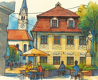 Europäisches Café mit Kirche und Statue.png