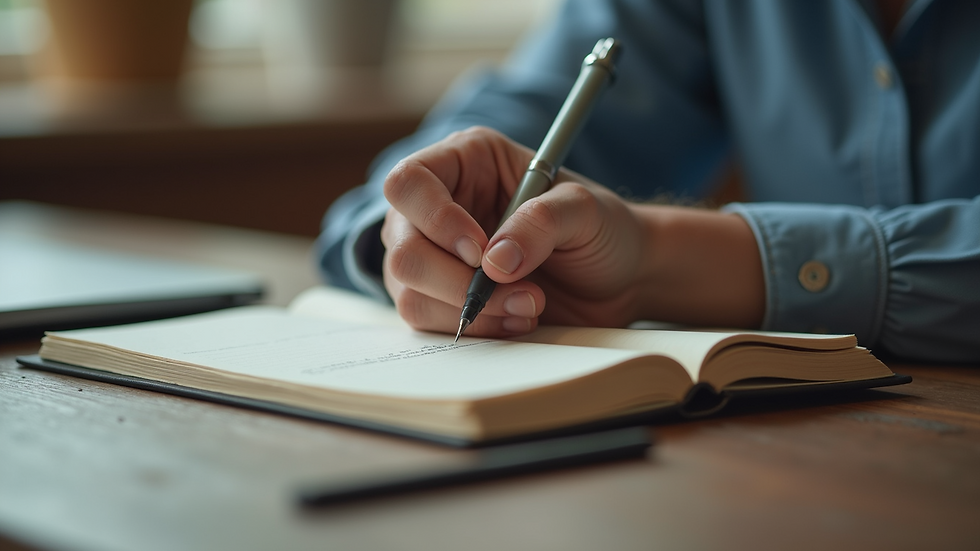Close-up view of a person writing in a journal with a pen