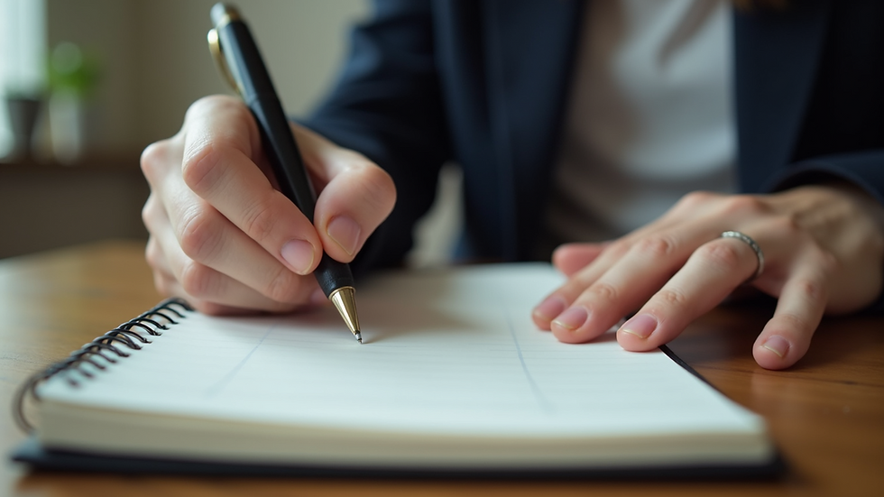 Close-up view of a person writing in a journal with a pen