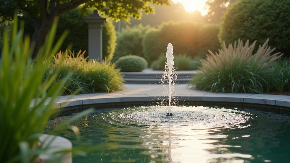 Eye-level view of a peaceful garden with a small fountain
