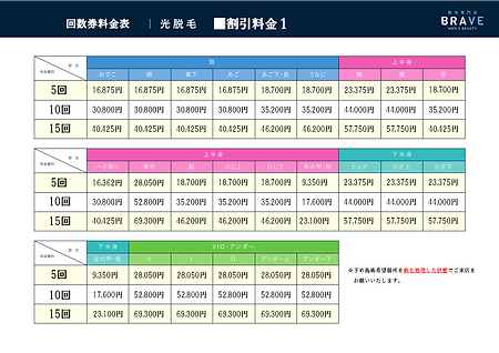 BRAVE Price 回数券 割引料金1 料金表