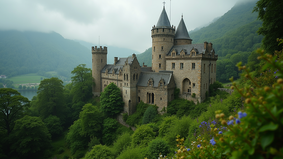High angle view of an ancient medieval castle surrounded by lush greenery