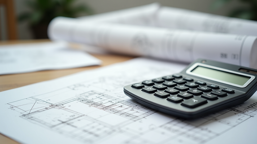 Primer plano de planos arquitectónicos y una calculadora sobre una mesa