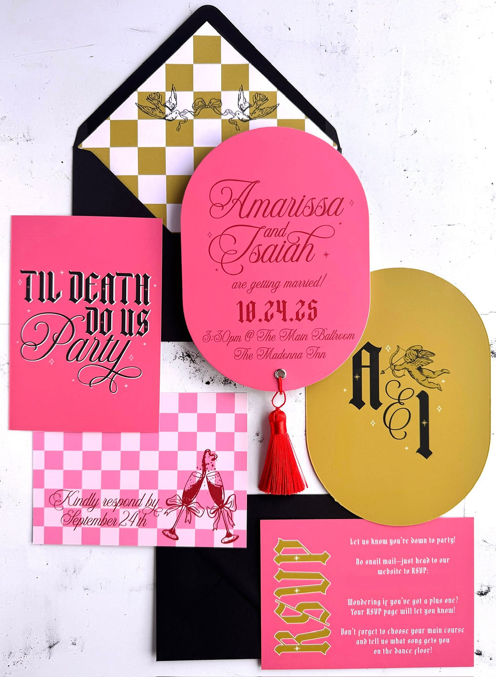 super fun, off beat, alternative wedding stationery for a cool wedding at the madonna inn. Alternative wedding stationery for couples in love.