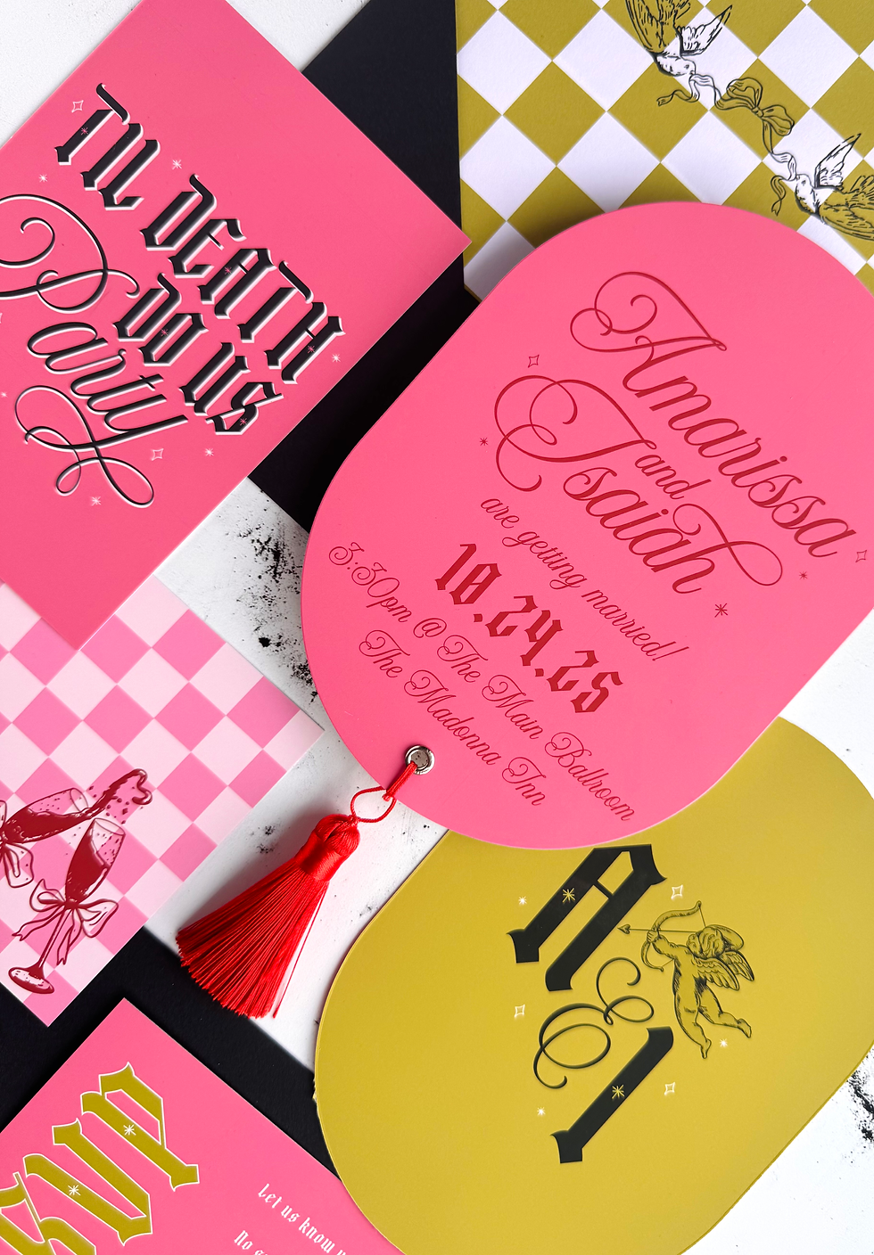 super fun, off beat, alternative wedding stationery for a cool wedding at the madonna inn. Alternative wedding stationery for couples in love.