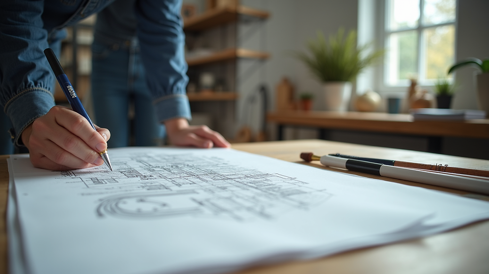 Close-up view of detailed shop drawing on drafting table