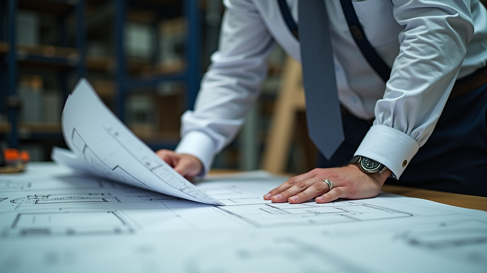 Eye-level view of engineer reviewing shop drawings on a desk