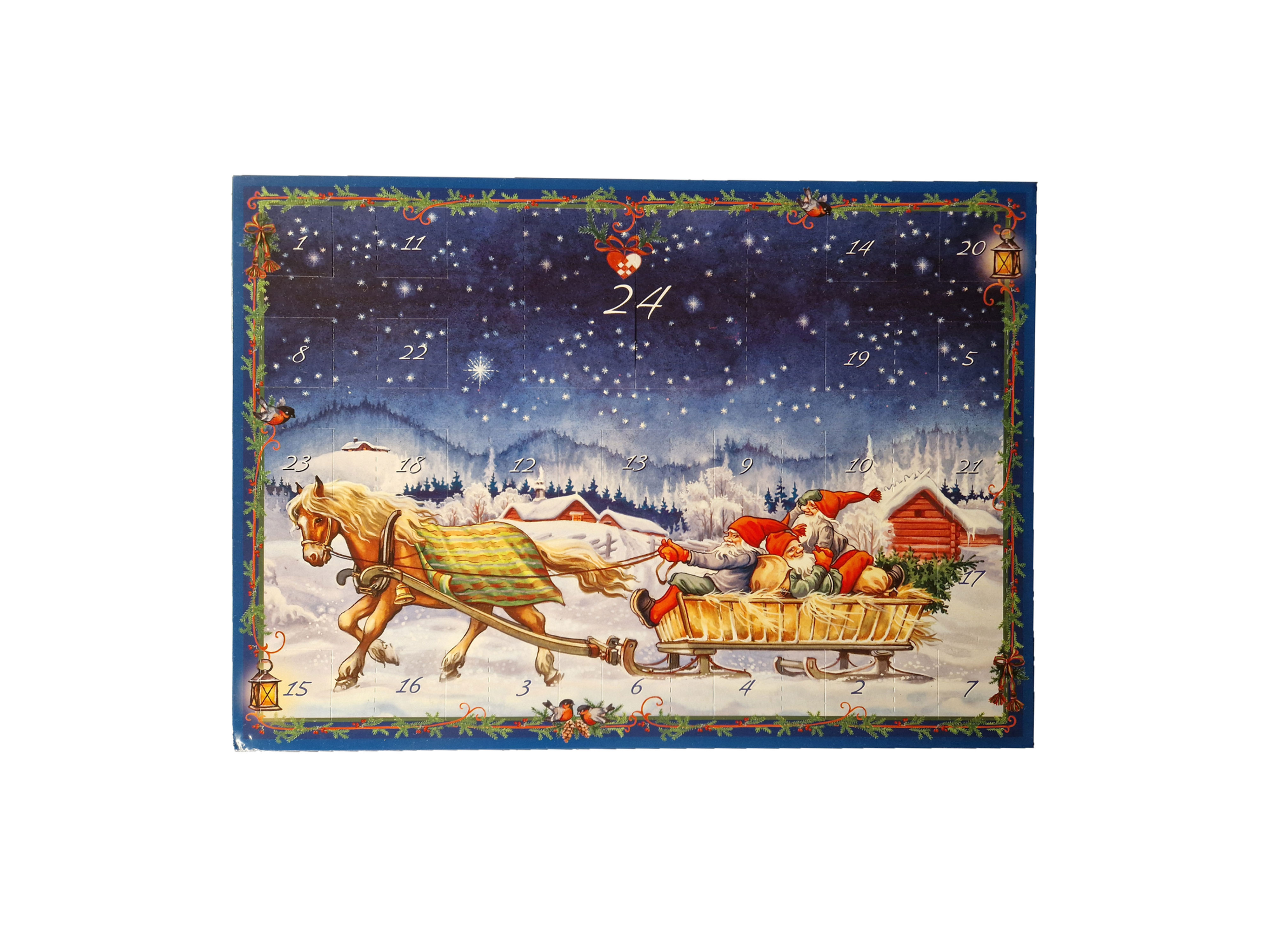 Vanha joulukalenteri Lars Carlson, tonttu-ukot hevosreessä
