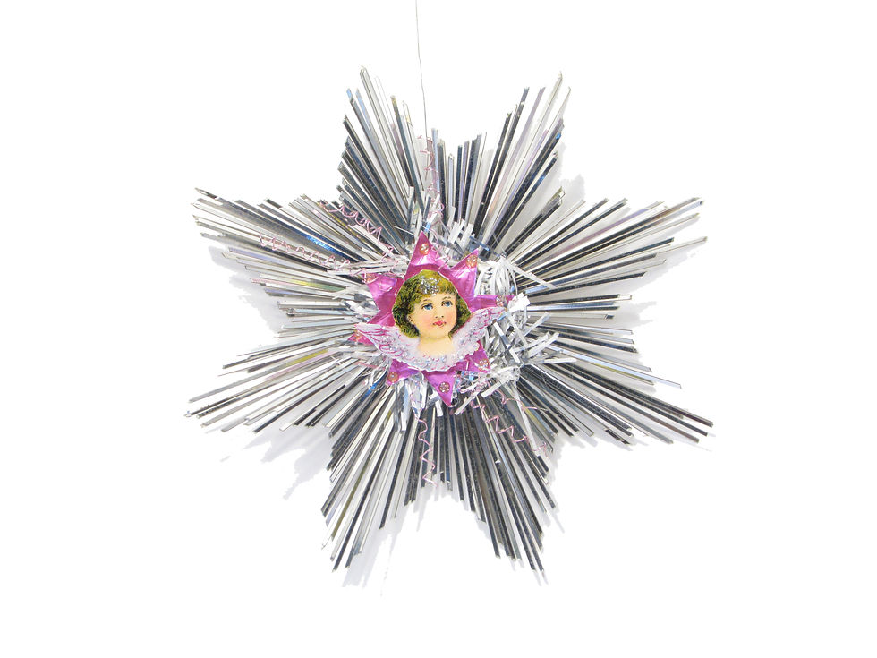 Vanha joulukoriste. Enkeli hopeatähdessä. Kiiltokuvaenkeli joulukoriste