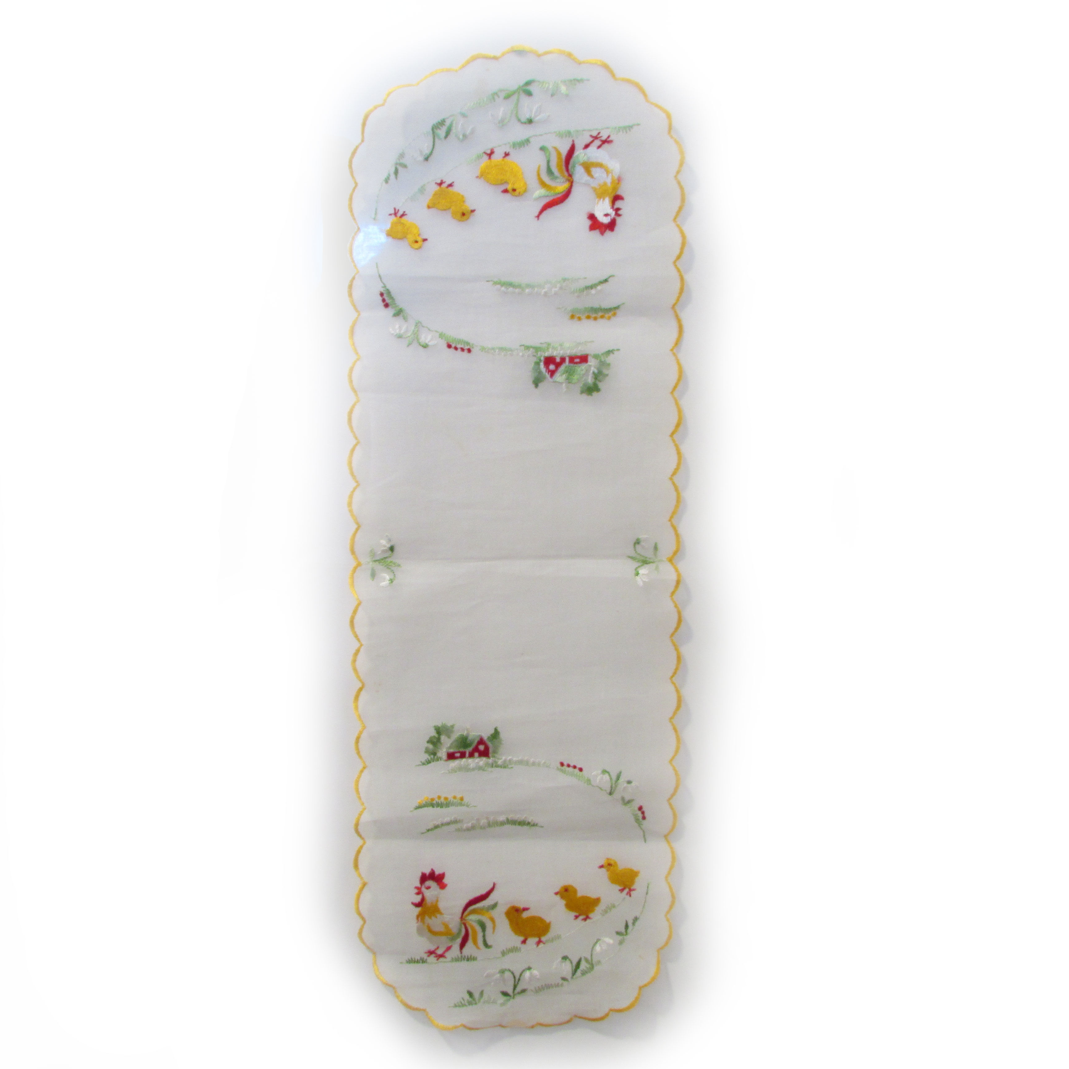 Pääsiäisliina broderattu, kana kävelyllä tipujen kanssa. Vintage pääsiäisliina