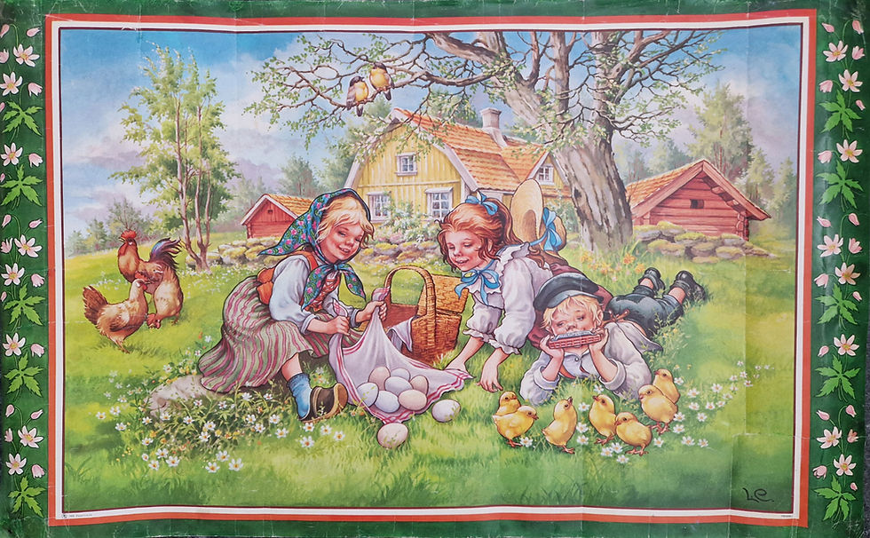 Vanha pääsiäispaperitaulu noitalapset kukkaniityllä