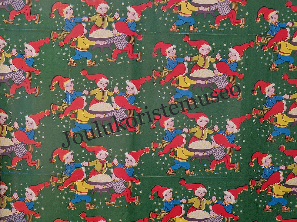 Vintage joulupaperi tonttulapset tanssiivat puurokulhon ympäri