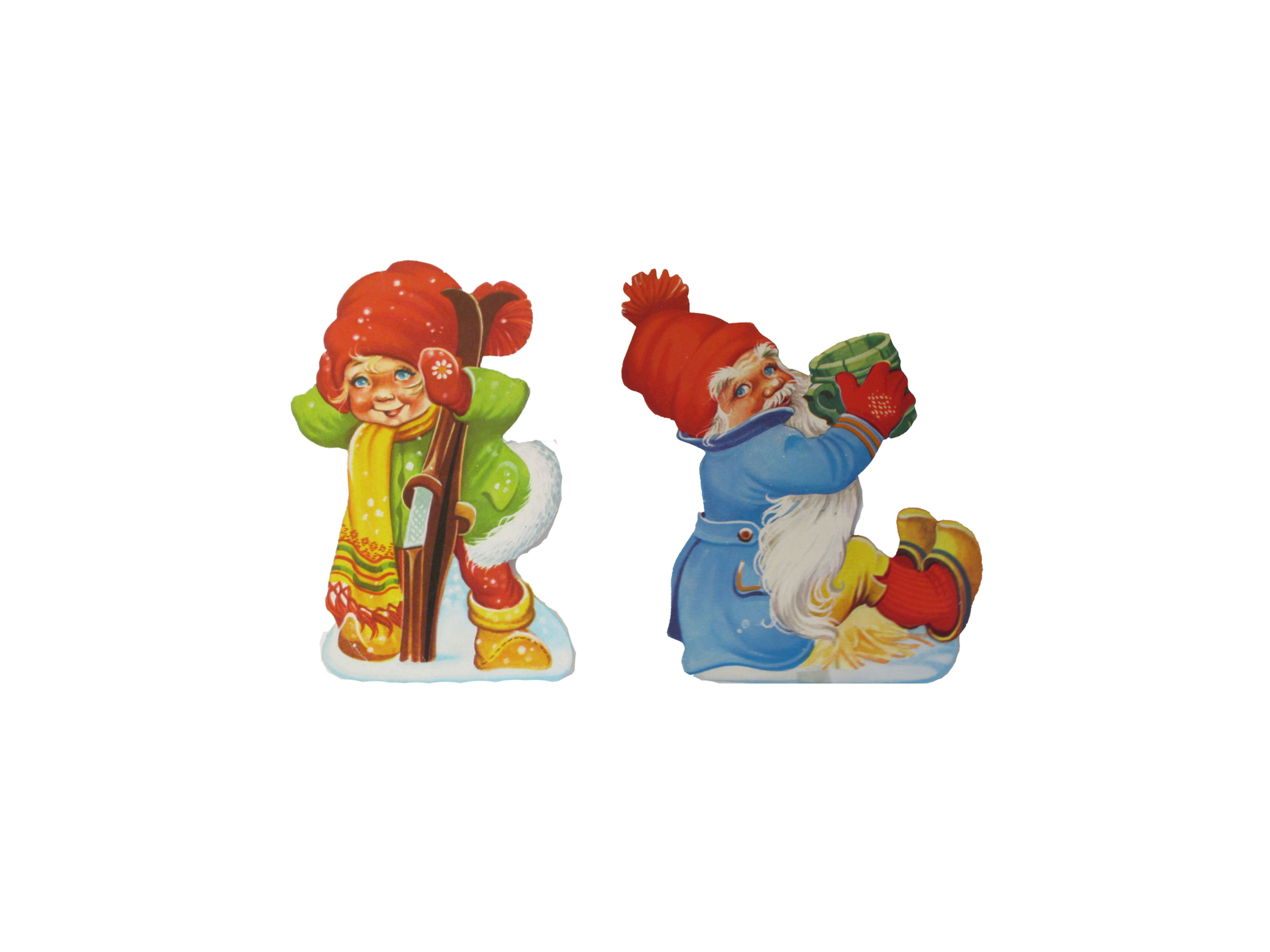 Antiikki joulukoriste. Pahvitonttutyttö ja sukset sekä tonttu ja olutuoppi