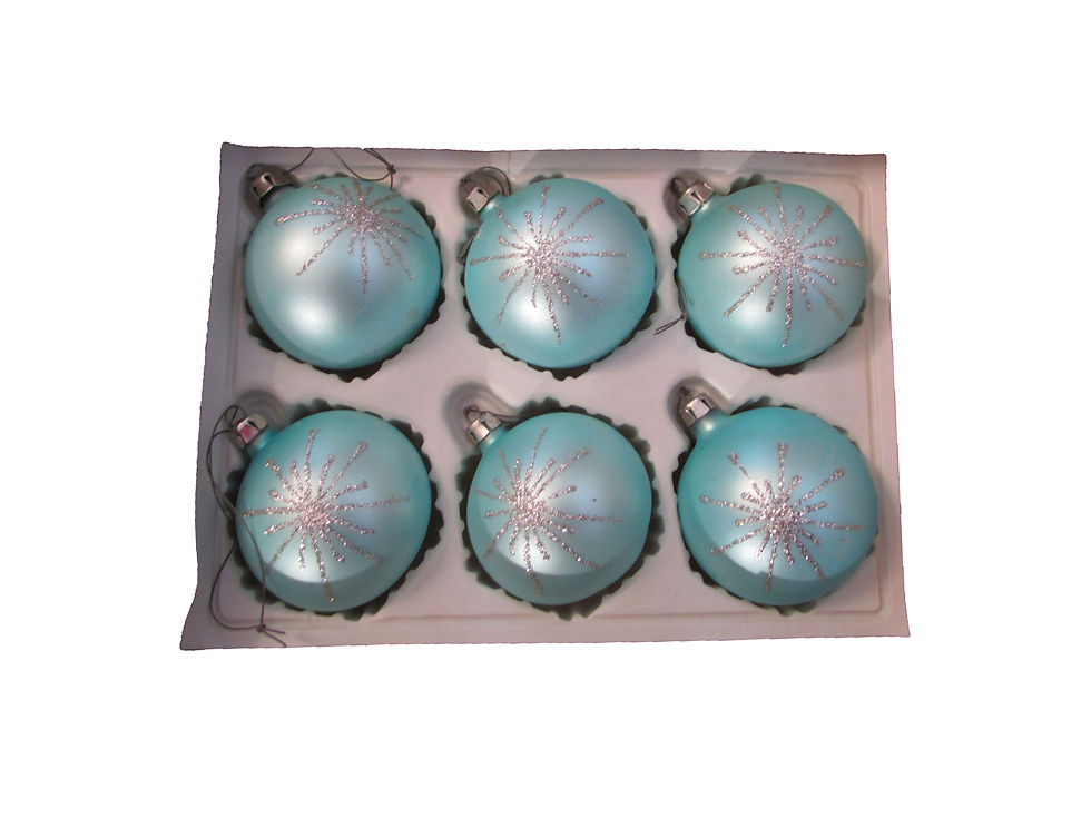 Vanhoja joulukuusen koristepalloja, väri vaalean sininen. Hiletähtikoriste