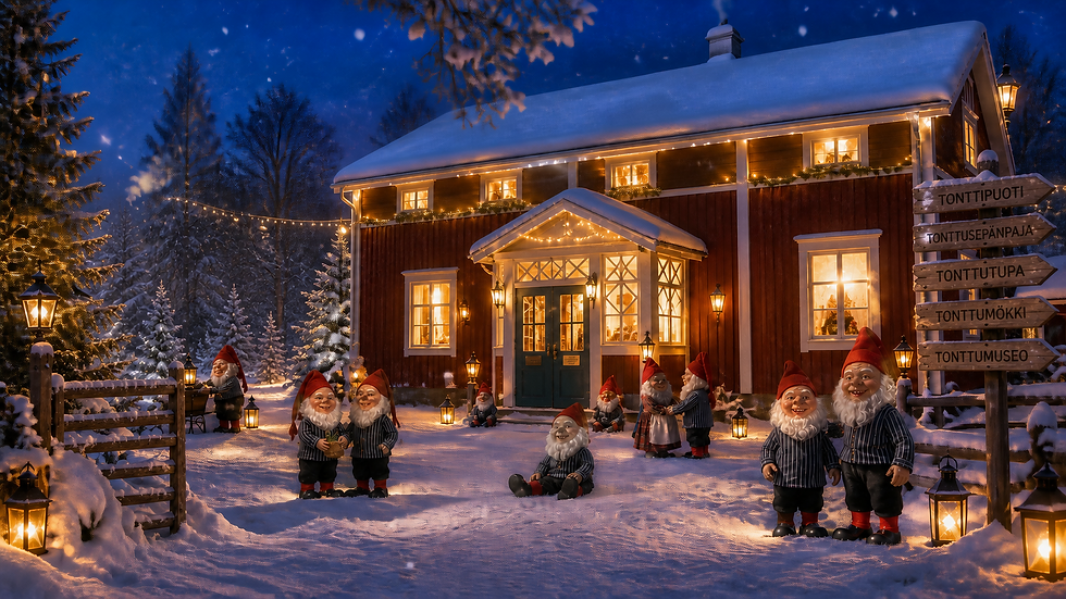 Tonttukylän päärakennus jossa jouluvaloja ja tonttuja.