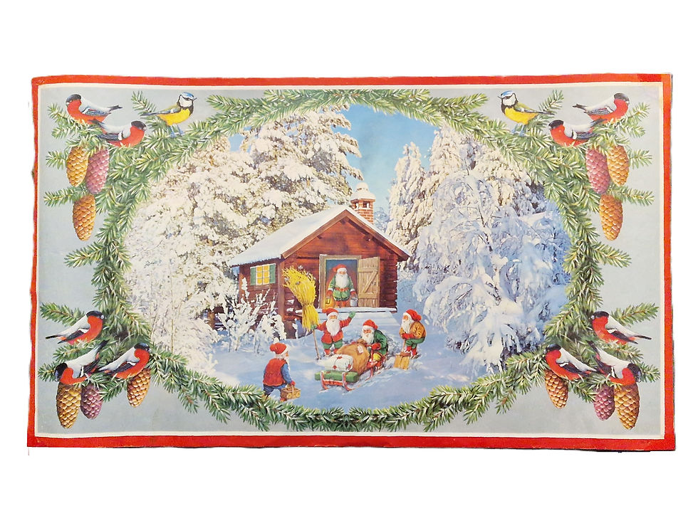 Joulupaperitaulu, vanha. Tonttu-ukot lastaavat rekeä. Erik Forsman