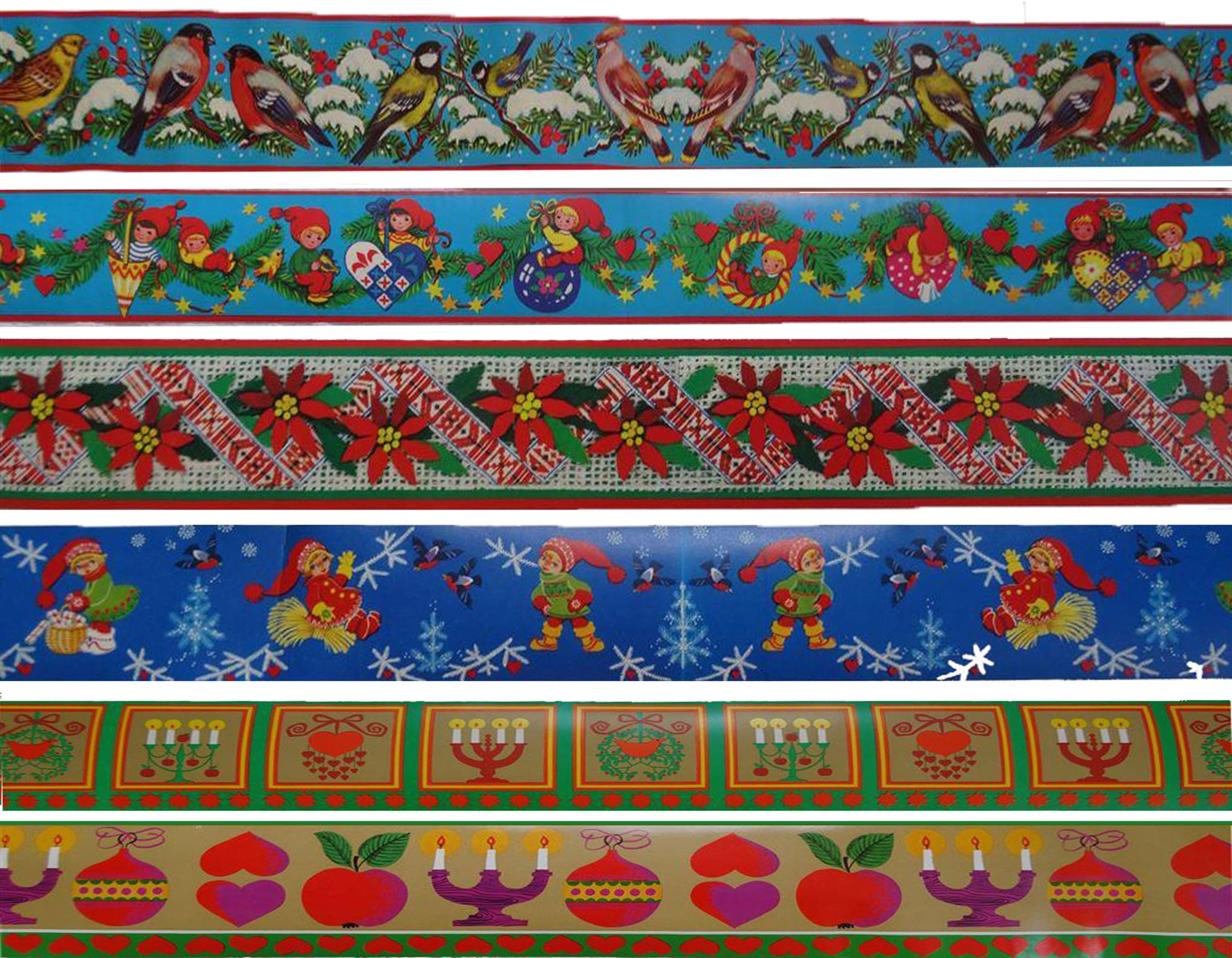 Vanhoja kapeita joulupaperitauluja. Linnut, tonttulapset, joulutähti, lumihiutaleet, kynttelikkö, omenat