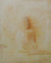 Silhouette de Bouddha de tonalité ocre et pastel. Figure apaisante émergeant d’un fond doux et diffus.