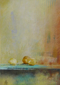 Nature morte semi abstraite : trois citrons jaunes sur une table turquoise, texture patinée, lumière d'été douce et poétique.