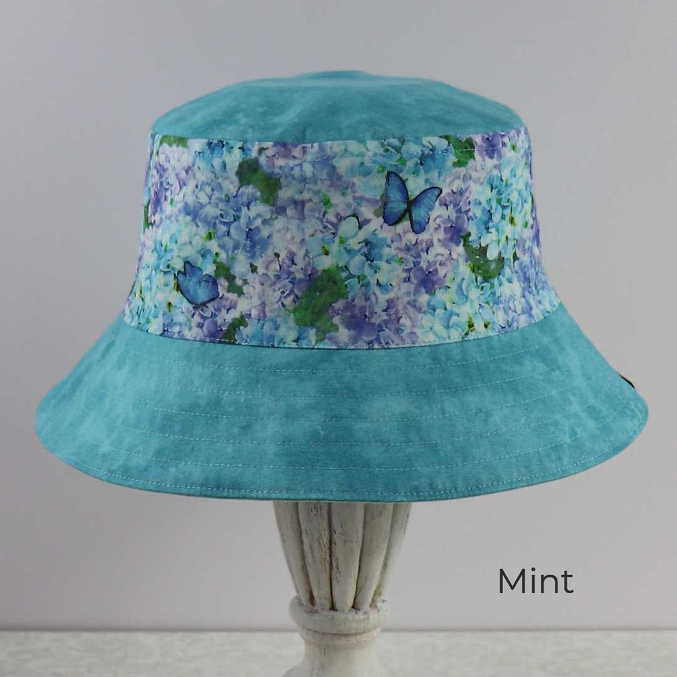 Thumbnail: Reversible bucket hat with teal brim and top and a blue and purple, floral band.