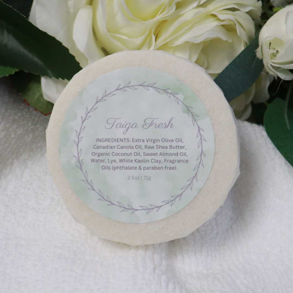 Thumbnail: Luxury, hand crafted soap in Taiga Fresh fragrance. Wrapped in white paper with a green label.