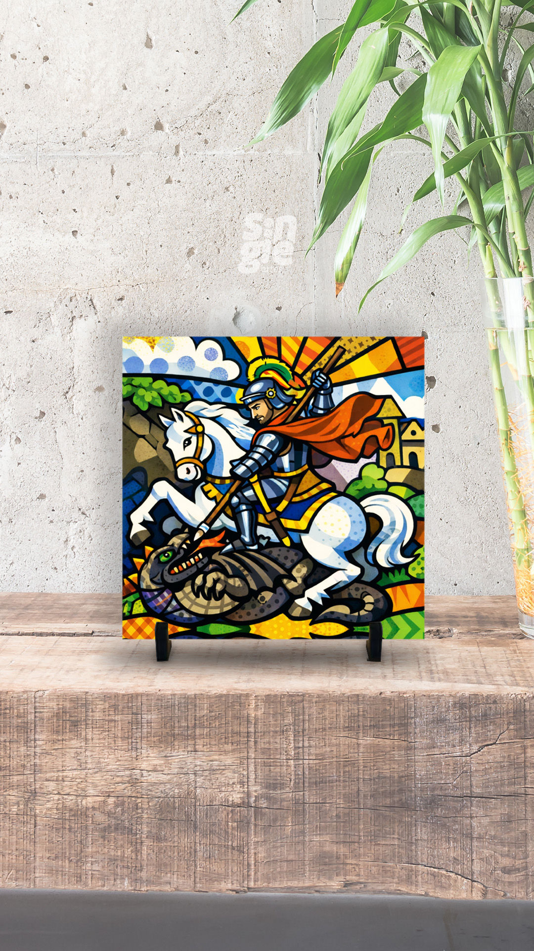 Azulejo decorativo com arte inspirada em São Jorge, o santo guerreiro, em estilo artístico simbólico.