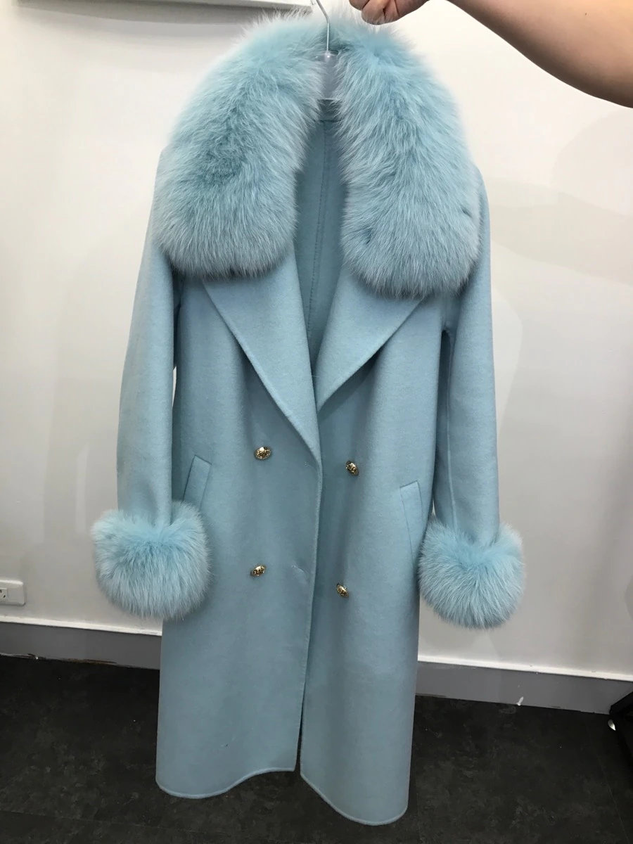 Thumbnail: Womens Natural Fox Fur Collar Cashmere Wool Blend