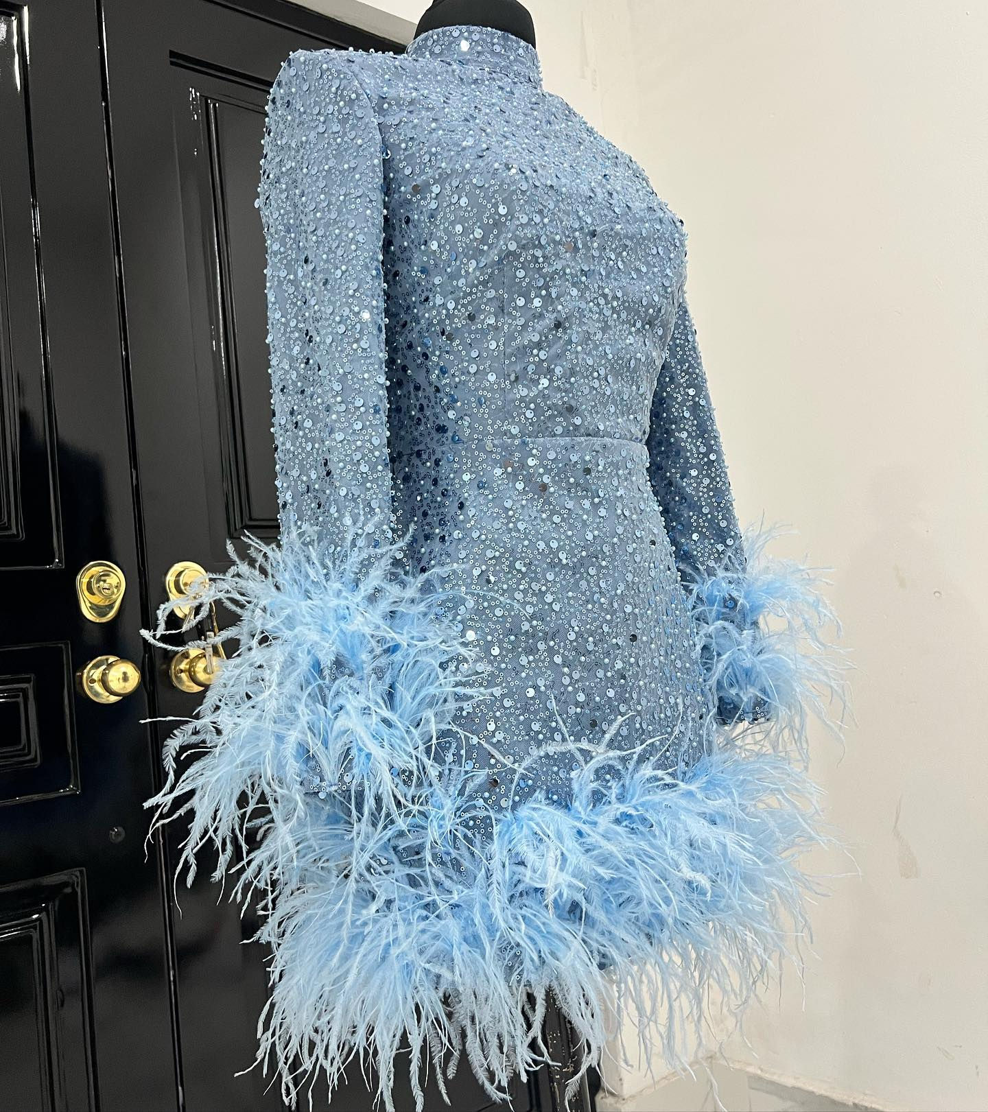 New Couture Shimmery Sky Blue Lace Women Mini Dresses 